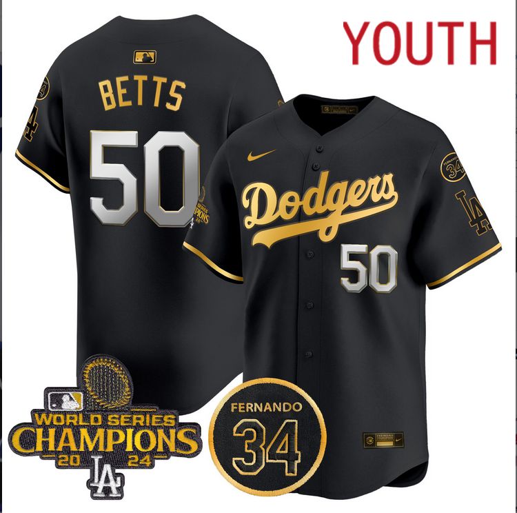 Youth MLB Los Angeles Dodgers  #50 Betts black 2024 World Series Champions Patch Limited Jersey->youth mlb jersey->Youth Jersey